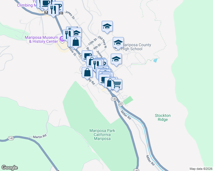 map of restaurants, bars, coffee shops, grocery stores, and more near 5022 California 49 in Mariposa
