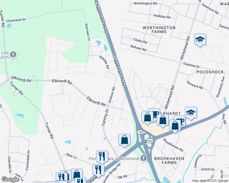 map of restaurants, bars, coffee shops, grocery stores, and more near 1517 Schloss Road in Richmond