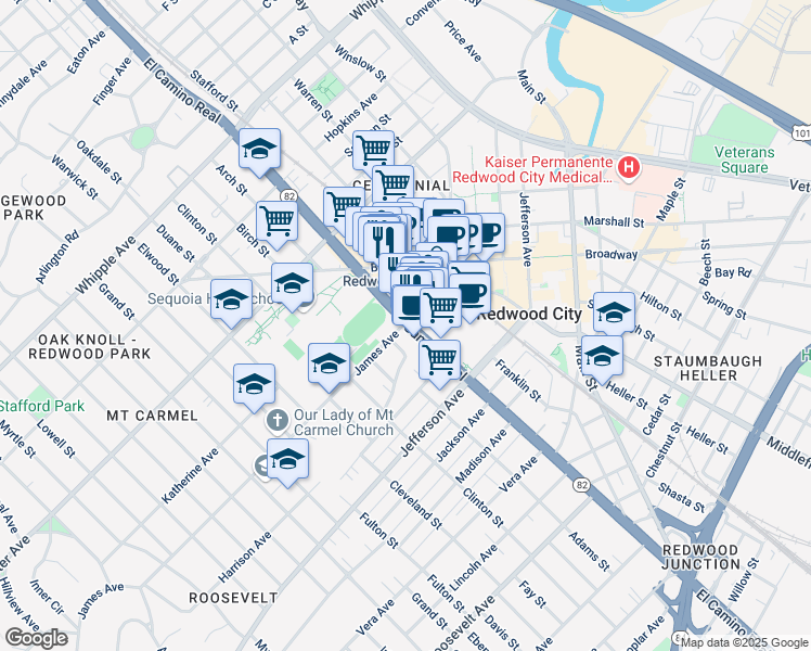 map of restaurants, bars, coffee shops, grocery stores, and more near El Camino Real & James Ave in Redwood City