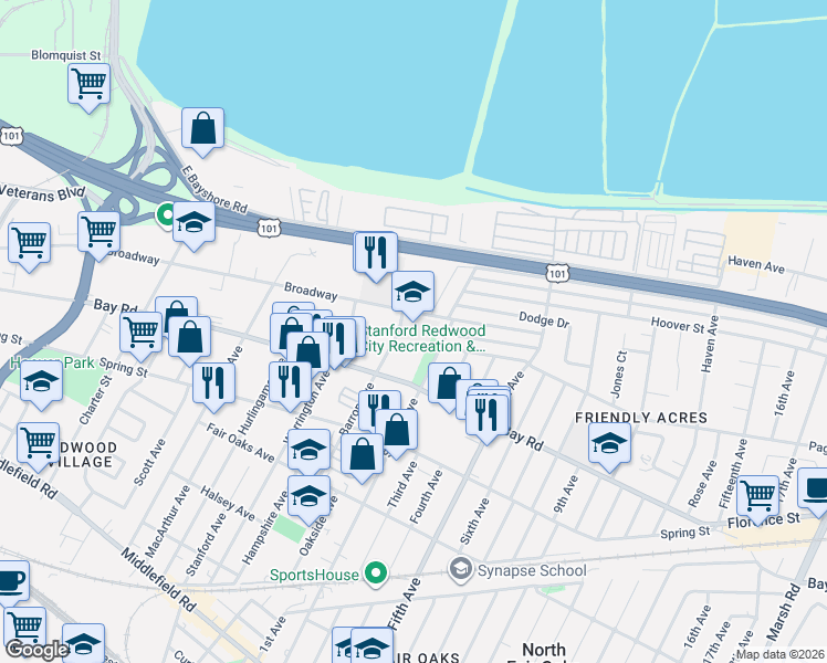 map of restaurants, bars, coffee shops, grocery stores, and more near in Redwood City