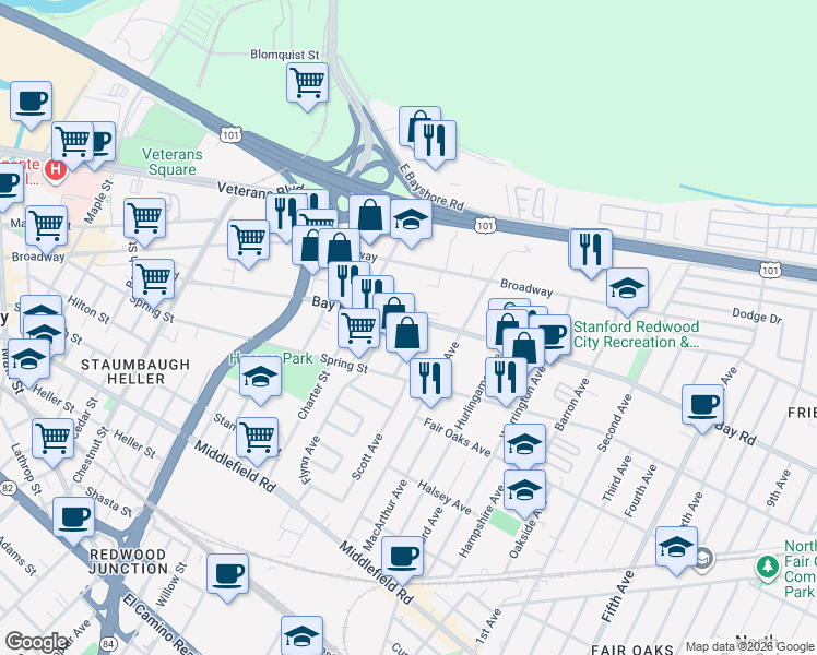 map of restaurants, bars, coffee shops, grocery stores, and more near 2385 Bay Road in Redwood City