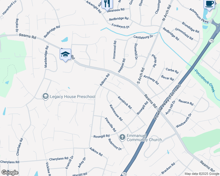 map of restaurants, bars, coffee shops, grocery stores, and more near 9754 Kendrick Road in Richmond