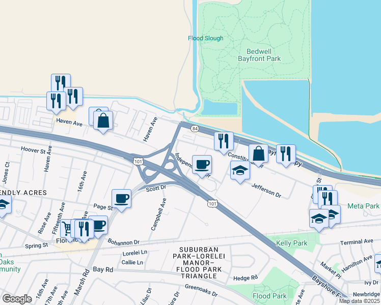 map of restaurants, bars, coffee shops, grocery stores, and more near in Menlo Park
