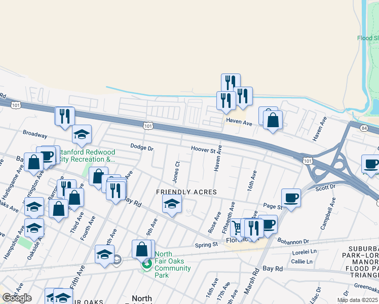 map of restaurants, bars, coffee shops, grocery stores, and more near 3407 Hoover Street in Redwood City