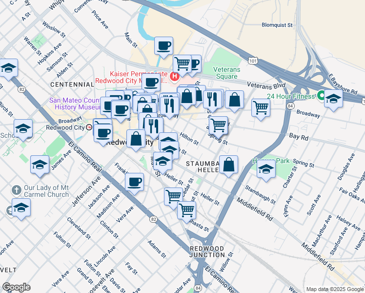 map of restaurants, bars, coffee shops, grocery stores, and more near 326 Hilton Street in Redwood City