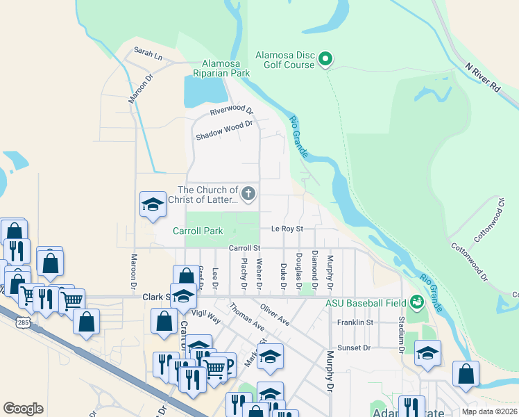 map of restaurants, bars, coffee shops, grocery stores, and more near 955-999 Weber Drive in Alamosa