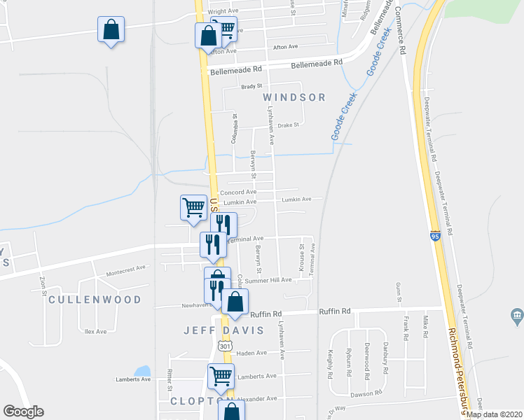 map of restaurants, bars, coffee shops, grocery stores, and more near 2312 Lumkin Avenue in Richmond