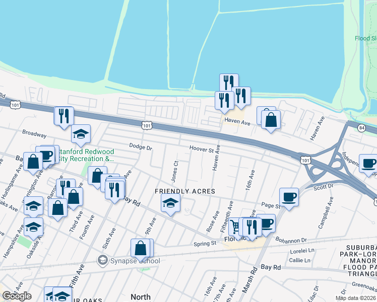 map of restaurants, bars, coffee shops, grocery stores, and more near 1097 Tenth Avenue in Redwood City