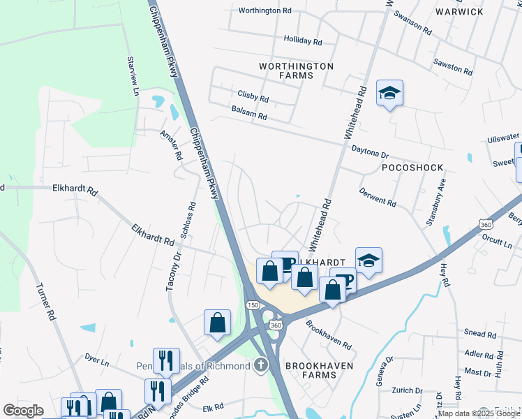 map of restaurants, bars, coffee shops, grocery stores, and more near 1441 Cargreen Road in Richmond
