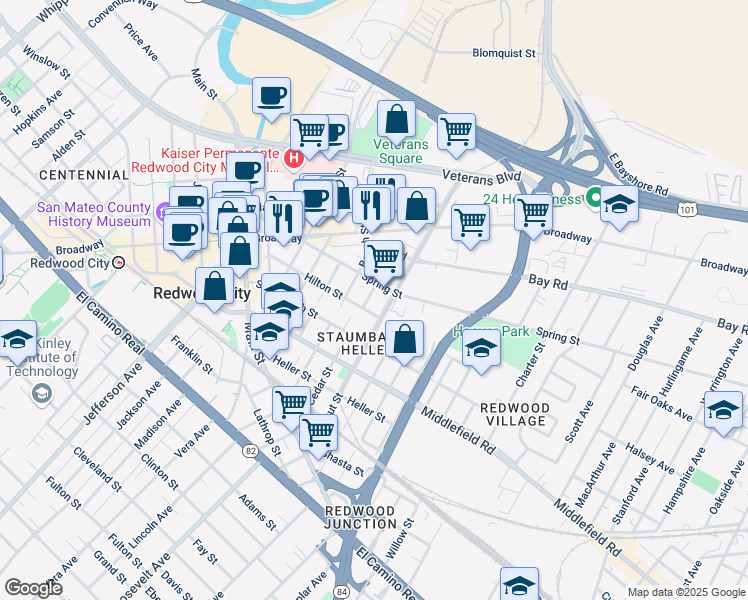 map of restaurants, bars, coffee shops, grocery stores, and more near 718 Beech Street in Redwood City