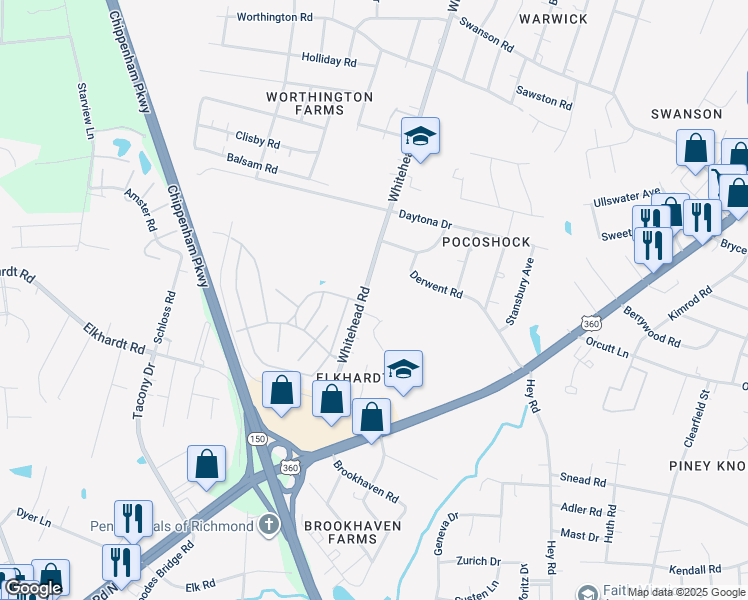 map of restaurants, bars, coffee shops, grocery stores, and more near 1625 Whitehead Road in Richmond