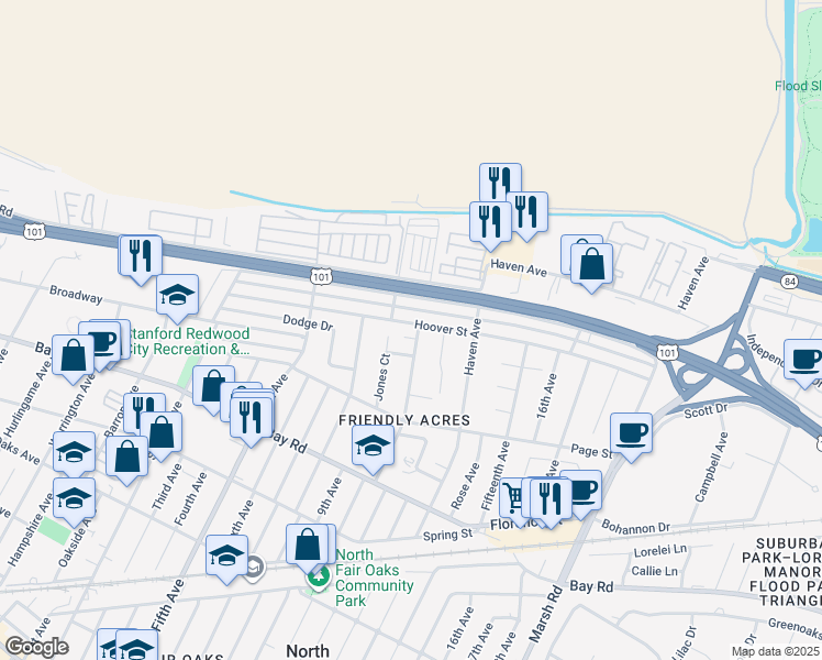 map of restaurants, bars, coffee shops, grocery stores, and more near 1097 Tenth Avenue in Redwood City