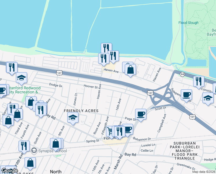 map of restaurants, bars, coffee shops, grocery stores, and more near 3519 Hoover Street in Redwood City