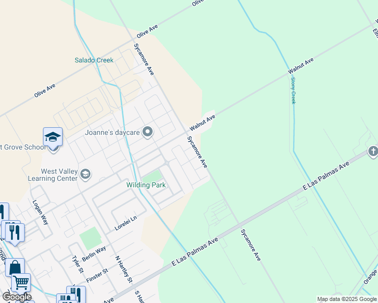 map of restaurants, bars, coffee shops, grocery stores, and more near 568 Millwood Drive in Patterson