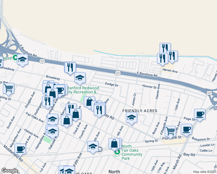 map of restaurants, bars, coffee shops, grocery stores, and more near 3126 Hoover Street in Redwood City
