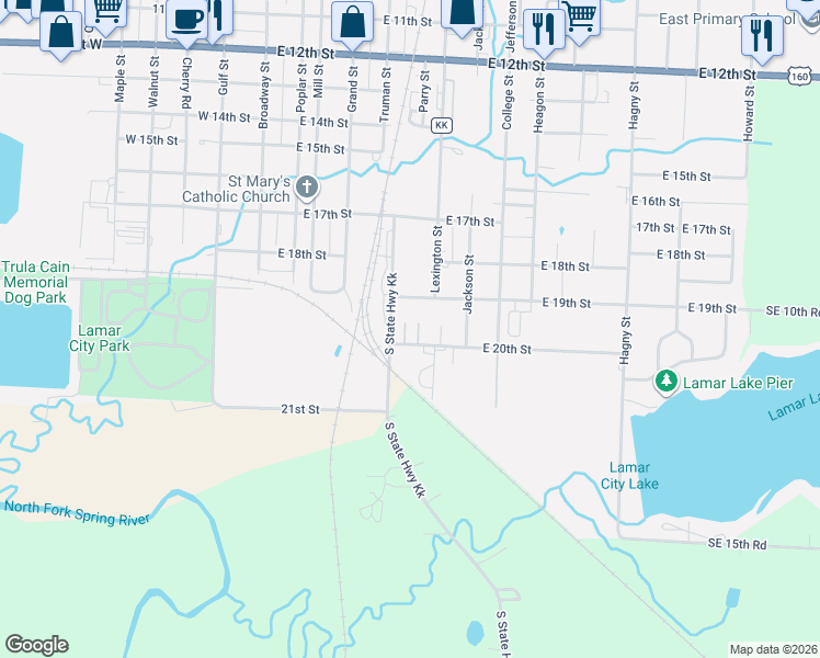 map of restaurants, bars, coffee shops, grocery stores, and more near 600 East 20th Street in Lamar