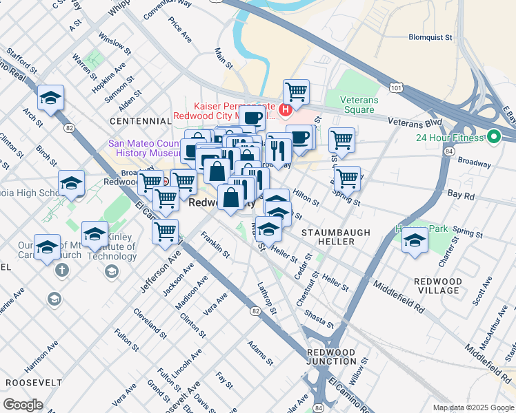 map of restaurants, bars, coffee shops, grocery stores, and more near 903 Main Street in Redwood City