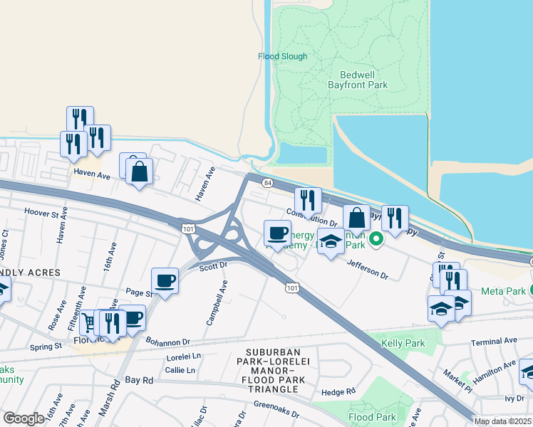 map of restaurants, bars, coffee shops, grocery stores, and more near 110 Constitution Drive in Menlo Park