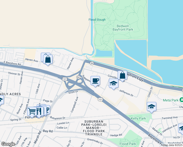 map of restaurants, bars, coffee shops, grocery stores, and more near 110 Constitution Drive in Menlo Park