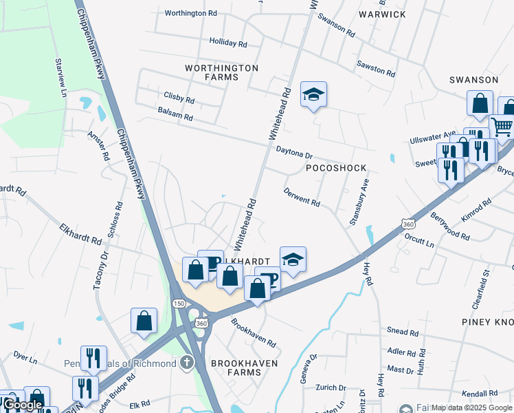 map of restaurants, bars, coffee shops, grocery stores, and more near 1625 Whitehead Road in Richmond