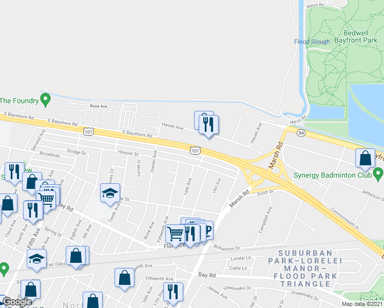 map of restaurants, bars, coffee shops, grocery stores, and more near 3584 Rolison Road in Redwood City