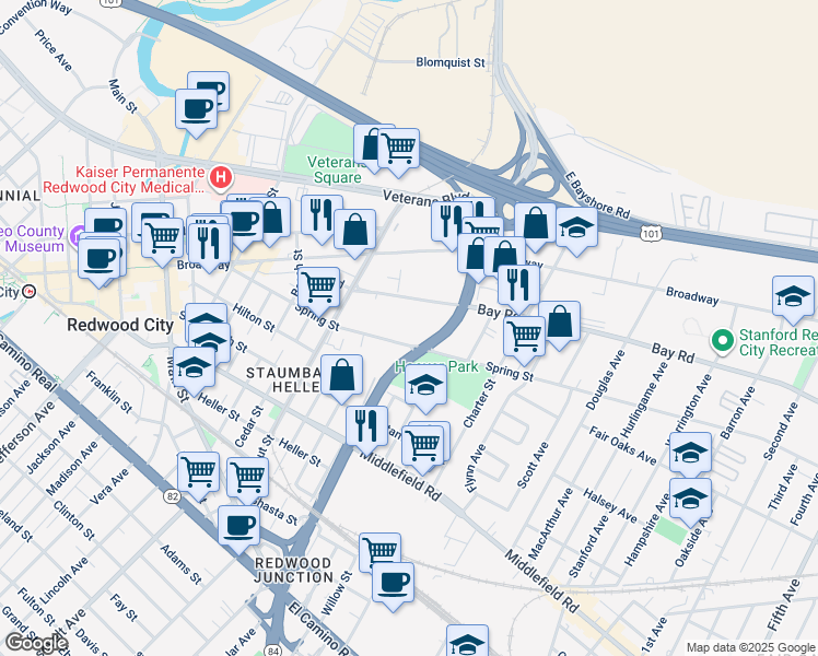 map of restaurants, bars, coffee shops, grocery stores, and more near 932-1924 Bay Rd in Redwood City