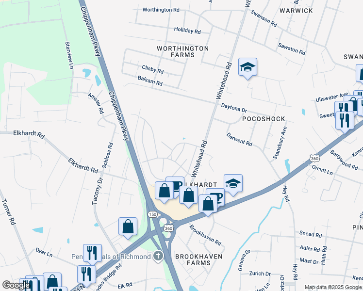 map of restaurants, bars, coffee shops, grocery stores, and more near 1401 Gavestone Court in Richmond