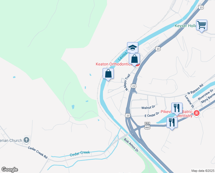 map of restaurants, bars, coffee shops, grocery stores, and more near 101 Adams Lane in Pikeville
