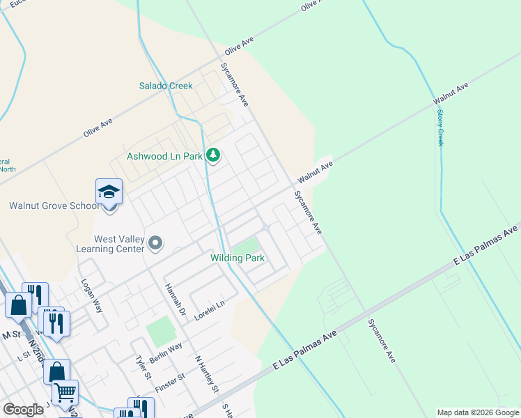 map of restaurants, bars, coffee shops, grocery stores, and more near 584 Millwood Drive in Patterson