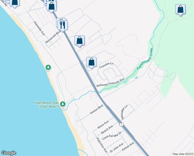 map of restaurants, bars, coffee shops, grocery stores, and more near 2013 Avignon Place in Half Moon Bay