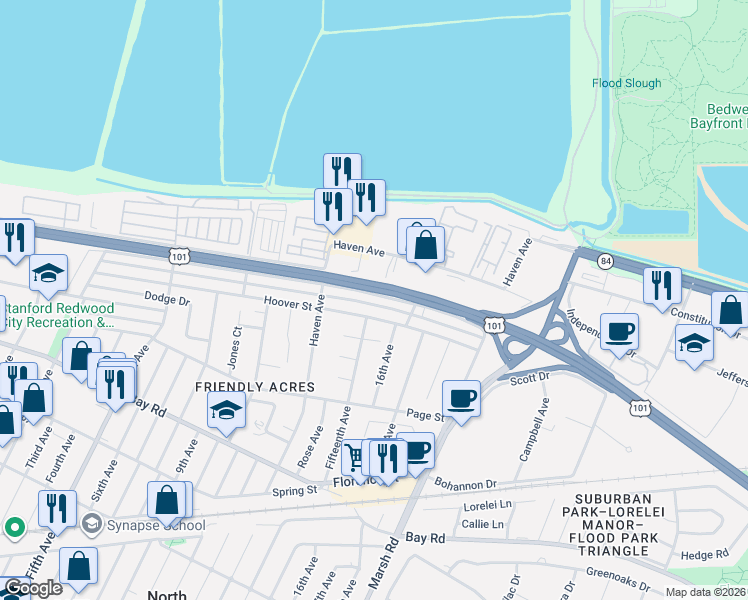map of restaurants, bars, coffee shops, grocery stores, and more near 3584 Rolison Road in Redwood City