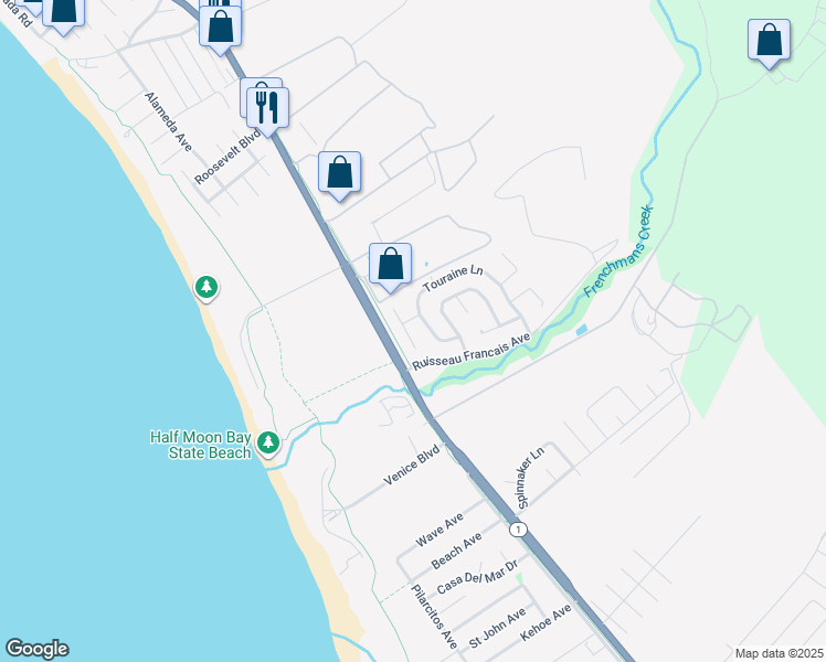 map of restaurants, bars, coffee shops, grocery stores, and more near 2013 Avignon Place in Half Moon Bay