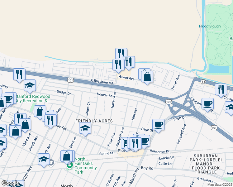 map of restaurants, bars, coffee shops, grocery stores, and more near 1108 Haven Avenue in Redwood City