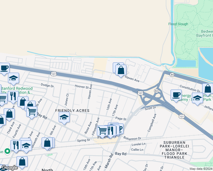 map of restaurants, bars, coffee shops, grocery stores, and more near 3584 Rolison Road in Redwood City