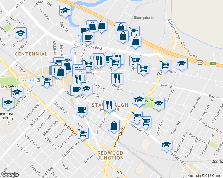map of restaurants, bars, coffee shops, grocery stores, and more near 718 Beech Street in Redwood City