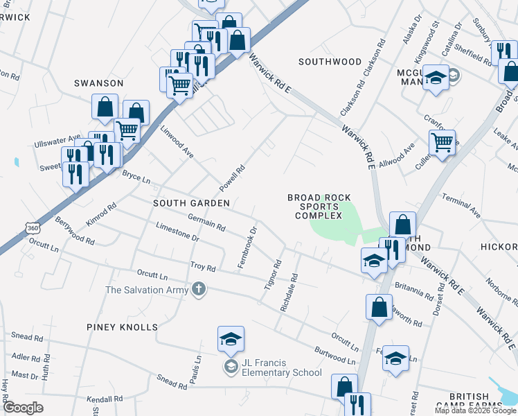 map of restaurants, bars, coffee shops, grocery stores, and more near 2001 Elkton Road in Richmond