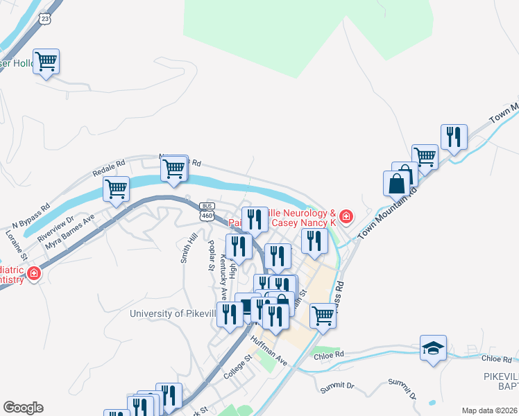 map of restaurants, bars, coffee shops, grocery stores, and more near 199 6th Street in Pikeville