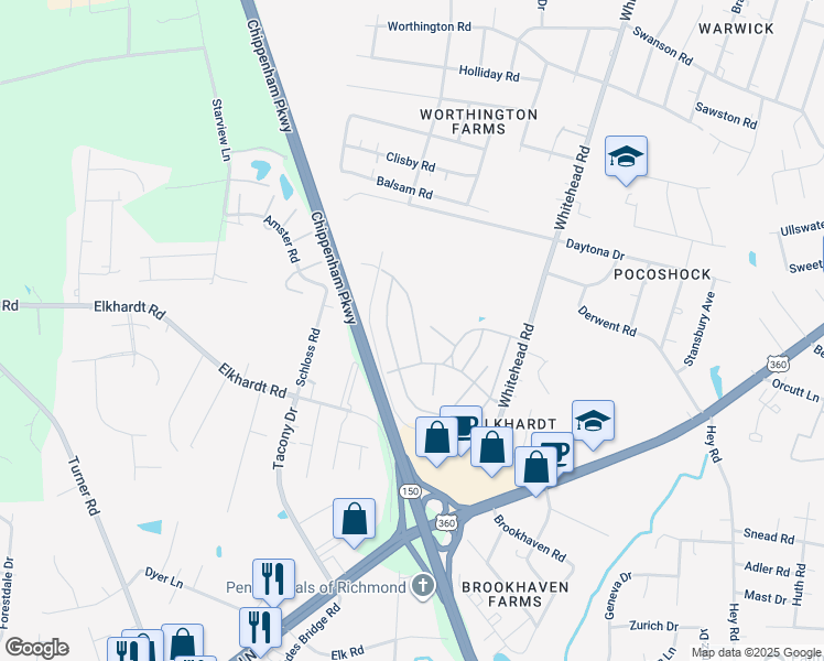 map of restaurants, bars, coffee shops, grocery stores, and more near 1401 Gavestone Court in Richmond
