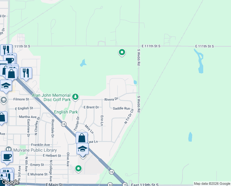 map of restaurants, bars, coffee shops, grocery stores, and more near 914 Cedar Brook Circle in Mulvane