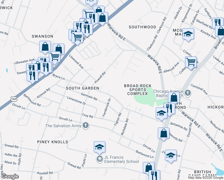 map of restaurants, bars, coffee shops, grocery stores, and more near 2001 Elkton Road in Richmond