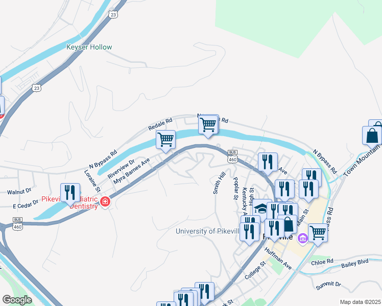 map of restaurants, bars, coffee shops, grocery stores, and more near 169 Garred Street in Pikeville