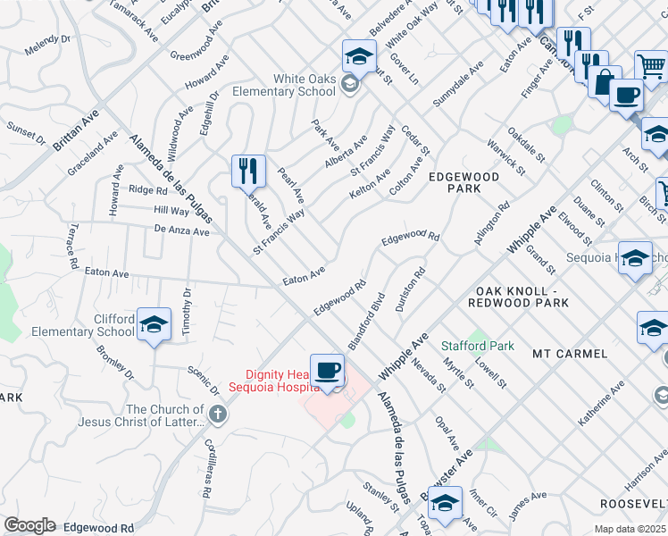 map of restaurants, bars, coffee shops, grocery stores, and more near 2145 Eaton Avenue in San Carlos