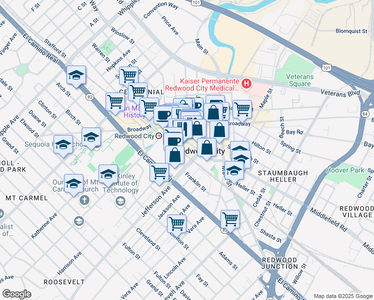 map of restaurants, bars, coffee shops, grocery stores, and more near 900 Jefferson Avenue in Redwood City