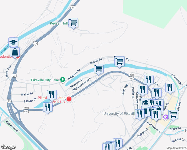 map of restaurants, bars, coffee shops, grocery stores, and more near 244 Central Avenue in Pikeville