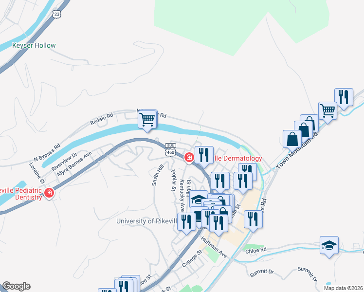 map of restaurants, bars, coffee shops, grocery stores, and more near 239-299 Scott Avenue in Pikeville