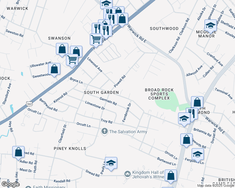 map of restaurants, bars, coffee shops, grocery stores, and more near 2013 Powell Road in Richmond