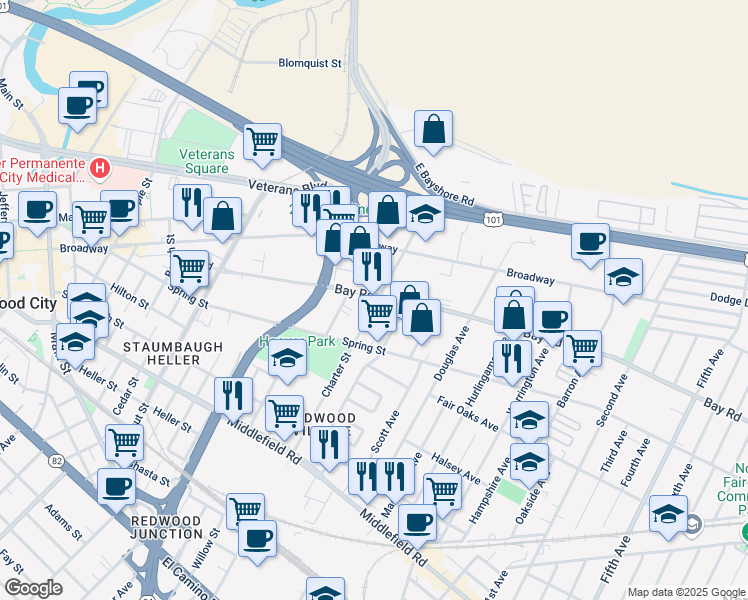 map of restaurants, bars, coffee shops, grocery stores, and more near 2300 Bay Road in Redwood City
