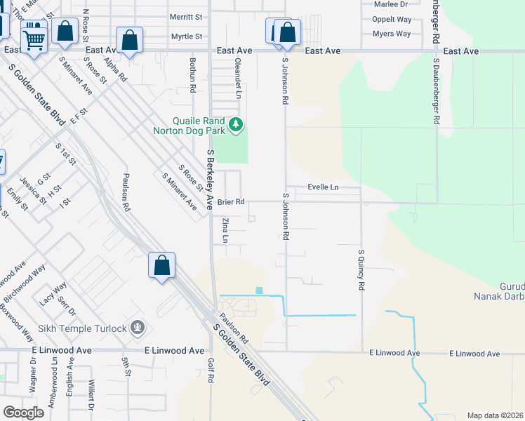 map of restaurants, bars, coffee shops, grocery stores, and more near 1822 Brier Road in Turlock