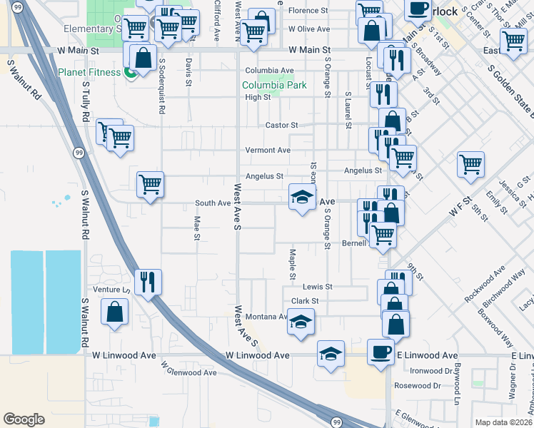 map of restaurants, bars, coffee shops, grocery stores, and more near 654 South Avenue in Turlock