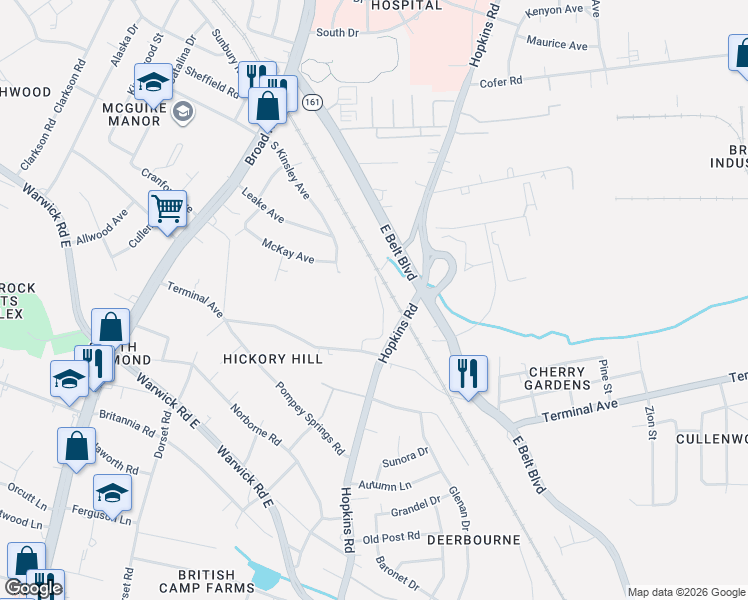 map of restaurants, bars, coffee shops, grocery stores, and more near 2424 Hopkins Road in Richmond
